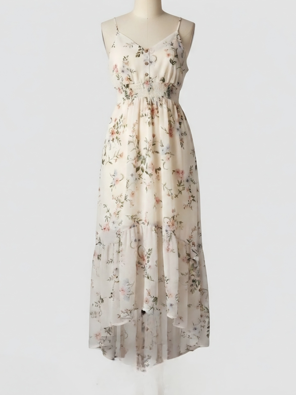 Floral Smocked Waist Cream Maxi Dress